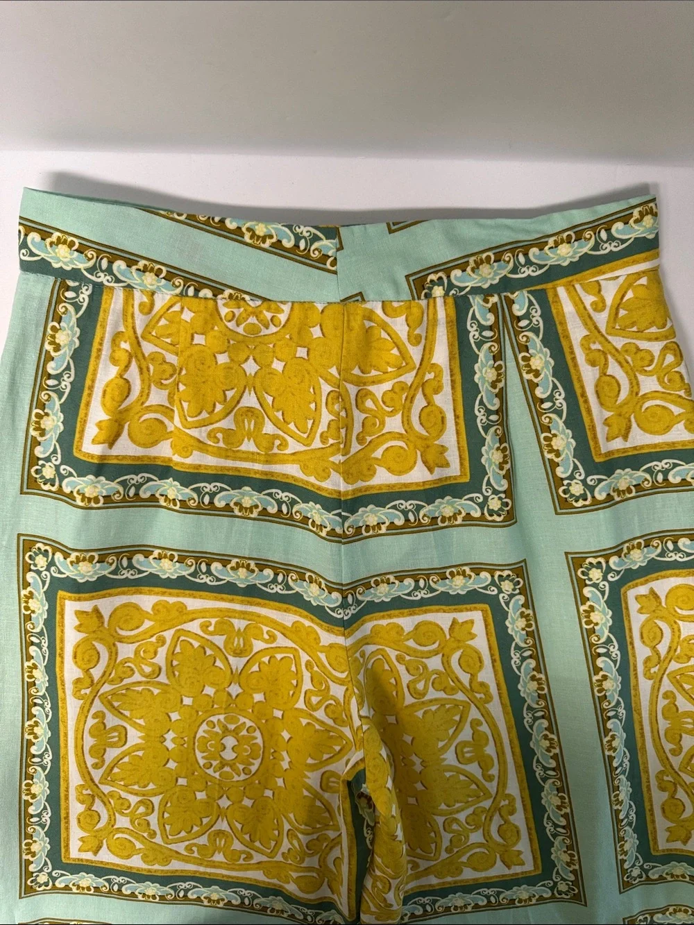 Zara Yellow & Mint Baroque Print Linen Blend Wide Leg Trousers Size Small